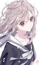 Rule 34 | 1girl, absurdres, black shirt, collarbone, falling petals, floating hair, from side, grey eyes, grey hair, hair between eyes, highres, long hair, looking at viewer, misumi (macaroni), neck ribbon, original, own hands clasped, own hands together, parted lips, petals, ribbon, sailor collar, school uniform, serafuku, shirt, short sleeves, sidelocks, simple background, solo, upper body, white background, white ribbon, white sailor collar