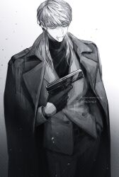 Rule 34 | 1boy, artist name, blue eyes, buttons, closed mouth, coat, coat on shoulders, commentary request, cowboy shot, ear piercing, earrings, expressionless, eyelashes, gloves, gradient background, greyscale, gun, hair between eyes, half gloves, hand in pocket, hand up, handgun, highres, holding, holding gun, holding weapon, jacket, jewelry, king bong 8, korean commentary, long hair, long sleeves, looking at viewer, male focus, monochrome, pants, piercing, sanzu haruchiyo, scar, scar on face, scar on mouth, simple background, solo, spot color, standing, sweater, swept bangs, tokyo revengers, turtleneck, turtleneck sweater, twitter username, watermark, weapon, white background