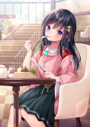 Rule 34 | 1girl, :t, armchair, black hair, black skirt, blush, chair, collared shirt, commentary request, cup, day, eating, feet out of frame, food, fork, heaven burns red, holding, holding fork, holding knife, indoors, jacket, knife, long hair, looking at viewer, nemuri nemu, nikaidou misato, on chair, pancake, pancake stack, pink jacket, plate, pleated skirt, purple eyes, railing, shirt, sitting, skirt, solo, stairs, teacup, teapot, white shirt, wide sleeves, window