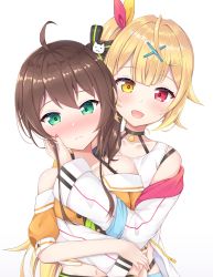 Rule 34 | 2girls, :d, blonde hair, blush, brown hair, cat hair ornament, choker, coat, commentary request, full-face blush, green eyes, hair ornament, hairclip, heterochromia, highres, hololive, hoshikawa sara, hoshikawa sara (1st costume), hug, hug from behind, long sleeves, applying manicure, multiple girls, natsuiro matsuri, natsuiro matsuri (1st costume), navel, nijisanji, open mouth, red eyes, seventeen (st17215), shorts, side ponytail, simple background, smile, upper body, virtual youtuber, yellow eyes, yuri