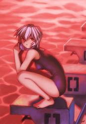 Rule 34 | 1girl, ayanami rei, bare legs, barefoot, blue hair, blush, breasts, diving block, feet, female focus, from side, goggles, grey hair, highres, kobayashi yuji, looking at viewer, looking back, neon genesis evangelion, one-piece swimsuit, pool, red eyes, red theme, ripples, school swimsuit, small breasts, solo, squatting, swimsuit, water