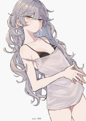 Rule 34 | 1girl, bare arms, bare shoulders, breasts, brown eyes, camisole, collarbone, grey background, grey hair, hair between eyes, highres, long hair, looking at viewer, mimelond, original, parted lips, simple background, small breasts, solo, steepled fingers, very long hair, white camisole
