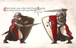 Rule 34 | 2girls, balance scale print, belt, boots, braid, brown hair, english text, fighting stance, gambeson, gloves, helmet, highres, holding, holding weapon, ironlily, kettle helm, kite shield, long hair, medieval, multiple girls, ordo mediare sisters (ironlily), scabbard, sheath, single braid sister (ironlily), standing, sword, twin braids sister (ironlily), weapon