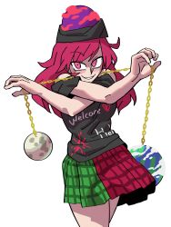 Rule 34 | 1girl, absurdres, black headwear, black shirt, chain, clothes writing, earth (ornament), eddybird55555, hecatia lapislazuli, highres, looking at viewer, medium hair, moon (ornament), multicolored clothes, multicolored skirt, plaid, plaid skirt, red eyes, red hair, shirt, simple background, skirt, smile, solo, touhou, white background