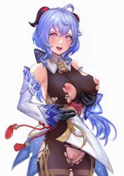 Rule 34 | 1girl, ahoge, artist name, bare shoulders, bell, black gloves, black pantyhose, blue hair, blush, bodystocking, bodysuit, breasts, cameltoe, chinese knot, cleft of venus, clothes lift, cowboy shot, detached sleeves, flower knot, ganyu (genshin impact), genshin impact, gloves, gold trim, grabbing own breast, groin, heart, heart-shaped pupils, highres, horns, large breasts, legs together, long hair, looking at viewer, neck bell, nipples, open mouth, pantyhose, pelvic curtain, pelvic curtain lift, purple eyes, see-through, sidelocks, solo, standing, symbol-shaped pupils, tassel, thighlet, thighs, torn clothes, torn pantyhose, veloaoi, waist cape, white background, white sleeves