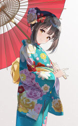 Rule 34 | 1girl, azama-k, black hair, blue kimono, blush, braid, brown eyes, closed mouth, floral print, flower, from side, gradient background, grey background, hair flower, hair ornament, highres, holding, holding umbrella, idolmaster, idolmaster cinderella girls, japanese clothes, kimono, long sleeves, looking at viewer, looking to the side, oil-paper umbrella, print kimono, red flower, short hair, single braid, smile, solo, takafuji kako, umbrella, wide sleeves, yellow flower