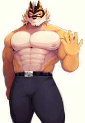 Rule 34 | 1boy, abs, absurdres, animal ears, bad id, bad twitter id, bara, beige fur, bulge, facial hair, furry, furry male, goatee, highres, large pectorals, live a hero, male focus, medium hair, muscular, navel, nipples, orange fur, pectorals, ryekie (live a hero), solo, thick thighs, thighs, tiger boy, tiger ears, topless male, two-tone fur, yubazi