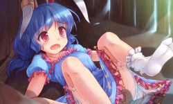 Rule 34 | 1girl, animal ears, bloomers, blue dress, blue hair, blush, rabbit ears, commentary request, dress, highres, lying, lzh, on back, open mouth, pink eyes, puffy short sleeves, puffy sleeves, see-through, seiran (touhou), short sleeves, solo, spread legs, touhou, underwear