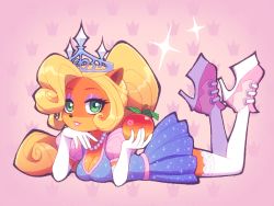 Rule 34 | 1girl, blonde hair, breasts, cleavage, coco bandicoot, crash bandicoot (series), crown, dress, food, fruit, gloves, high heels, kempferzero, large breasts, lipstick, looking at viewer, lying, makeup, on stomach, smile, the pose, thighhighs, white gloves