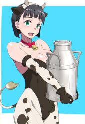 Rule 34 | 1girl, :d, animal ears, animal print, bare shoulders, black gloves, bottle, bow, bowtie, breasts, choker, cleavage, cow ears, cow print, cow tail, detached sleeves, fake animal ears, fake tail, gloves, green background, groin, holding, holding bottle, holding pitcher, kirigaya suguha, large breasts, open mouth, pitcher (container), puge, red bow, red bowtie, red choker, ribbon choker, smile, solo, sword art online, tail, teeth, upper teeth only