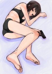 Rule 34 | 1girl, ass, bare shoulders, barefoot, black bra, black eyes, black hair, black panties, bob cut, bra, breasts, clenched hand, closed mouth, commentary, empty eyes, expressionless, feet, finger on trigger, full body, gun, handgun, highres, holding, holding gun, holding weapon, inagami (inagami lin), legs, looking ahead, lying, midriff, on side, original, panties, purple background, short hair, sketch, small breasts, soles, solo, toes, underwear, underwear only, weapon