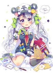 Rule 34 | 1girl, absurdres, airmail envelope, asymmetrical legwear, bag, bear hat, between legs, black hair, blush, bow, clumsy, commentary request, elbow gloves, english text, envelope, eyebrows, fang, flower, gloves, grey eyes, grey hair, hair flower, hair ornament, hair ribbon, hairpin, hand between legs, hat ornament, highres, hood, hood down, kneeling, long hair, looking at viewer, mail, mailman, manila envelope, md5 mismatch, mismatched legwear, multicolored hair, necktie, niikura kaori, open mouth, original, over-kneehighs, overalls, resolution mismatch, ribbon, shoes, short sleeves, shorts, shoulder bag, socks, solo, source larger, star (symbol), striped clothes, striped socks, striped thighhighs, sweatdrop, tearing up, thighhighs, twintails, two-tone hair, wristband
