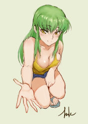Rule 34 | 1girl, absurdres, bare arms, bare legs, blue shorts, breasts, c.c., cleavage, closed mouth, code geass, cosplay, green hair, hair between eyes, highres, inkqaq, katsuragi misato, katsuragi misato (cosplay), long hair, medium breasts, neon genesis evangelion, on one knee, outstretched hand, reaching, reaching towards viewer, short shorts, shorts, sideboob, sketch, smile, solo, straight hair, tank top, white background, yellow eyes, yellow tank top