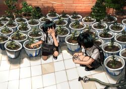 Rule 34 | 2girls, absurdres, backpack, bag, black hair, black skirt, brick wall, closed eyes, collared shirt, commentary request, covering own mouth, day, highres, hose, long hair, multiple girls, myango (applemangocrape), open mouth, original, outdoors, plant, potted plant, respirator, school uniform, shadow, shirt, short sleeves, skirt, squatting, tile floor, tiles, tree, twintails, white shirt, yawning