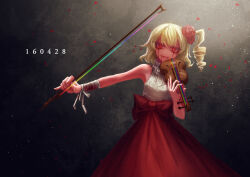 Rule 34 | 1girl, alternate costume, bandaged wrist, bandages, blonde hair, blood, blood from mouth, bloody tears, bow, bow (music), breasts, commentary request, cowboy shot, dated, fangs, flandre scarlet, flower, frilled shirt collar, frills, grey background, hair flower, hair ornament, holding, holding bow (music), holding instrument, holding violin, instrument, lastdark, light particles, long skirt, looking at viewer, medium bangs, medium hair, one side up, open mouth, rainbow order, red bow, red eyes, red flower, red skirt, shirt, skirt, sleeveless, sleeveless shirt, slit pupils, small breasts, smile, solo, touhou, violin, waist bow, white shirt