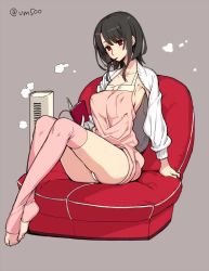 Rule 34 | 10s, 1girl, barefoot, black hair, book, couch, feet, food, kantai collection, kome (vm500), leg warmers, long legs, mouth hold, open book, pink thighhighs, pocky, reading, red eyes, short hair, simple background, sitting, solo, sweater, takao (kancolle), thighhighs, toeless legwear, toes