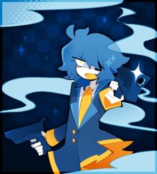 Rule 34 | 1boy, ahoge, blue hair, blue suit, blue theme, eyepatch, eyes visible through hair, formal, gun, hair between eyes, holding, holding gun, holding weapon, male focus, open mouth, orange eyes, original, scratchitone, shaded face, smoke, solo, solo focus, sparkle, suit, upper body, weapon, yellow tie, zodiac