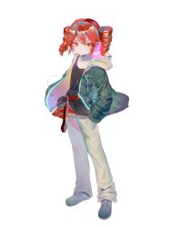 Rule 34 | 1girl, 54haikyo, absurdres, belt, black shirt, casual, collarbone, commentary, drill hair, expressionless, full body, hands in pocket, headphones, headset, highres, jacket, kasane teto, looking at viewer, pants, red eyes, red hair, shirt, shoes, short hair, simple background, sneakers, solo, tassel, twin drills, utau, white background