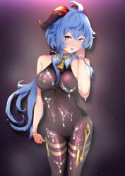Rule 34 | 1girl, ahoge, bare arms, bell, black pantyhose, blue hair, blush, bodystocking, bodysuit, breasts, bukkake, covered navel, cum, cum in mouth, cum on body, cum on breasts, cum on clothes, cum on stomach, cum on upper body, ganyu (genshin impact), genshin impact, highres, horns, long hair, looking at viewer, medium breasts, neck bell, no gloves, open mouth, orionstar, pantyhose, purple eyes, sidelocks, sleeveless, solo, standing, tongue, tongue out