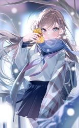 Rule 34 | 1girl, ahoge, bag, blue scarf, blue skirt, blurry, blurry background, blurry foreground, blush, bow, branch, can, closed mouth, cowboy shot, depth of field, grey eyes, highres, holding, holding bag, holding can, light brown hair, long hair, long sleeves, looking at viewer, miwano rag, original, outdoors, pleated skirt, purple bow, scarf, school uniform, shirt, skirt, solo, standing, swept bangs, white shirt