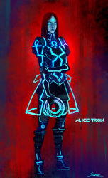 Rule 34 | 1girl, alice: madness returns, alice (alice in wonderland), alice in wonderland, alice liddell (american mcgee&#039;s alice), american mcgee&#039;s alice, boots, chakram, crossover, disc (tron), disney, dress, highres, kazeco, lips, long hair, neon trim, parody, science fiction, solo, tron, tron: legacy, weapon
