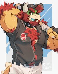 Rule 34 | 1boy, alternate body hair, alternate costume, alternate facial hair, arm behind head, armpit hair, armpit hair peek, bara, baseball bat, baseball cap, baseball uniform, beard, belly, body fur, bowser, candy, character print, chest tuft, cowboy shot, facial hair, food, furry, furry male, hat, highres, huge eyebrows, lollipop, long hair, looking at viewer, male focus, mario (series), mature male, muscular, muscular male, nintendo, partially unbuttoned, pectorals, red hair, scratching, solo, sportswear, sweat, thick eyebrows, uncle quil (overcyan), very sweaty