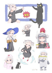 Rule 34 | 1girl, apron, astronaut, black apron, black cat, black hoodie, blue hat, braid, braided bun, brown gloves, cat, chopsticks, chopsticks in mouth, closed mouth, commentary request, cup, dated, double bun, drawstring, expressionless, glasses, gloves, grey gloves, hair bun, hammer, hat, helmet, highres, holding, holding cup, holding hammer, holding shield, holding sword, holding weapon, hood, hood down, hoodie, knight, long sleeves, looking at viewer, loose hair strand, multiple persona, nurse cap, open mouth, original, pen in pocket, pink shirt, pocket, puffy sleeves, samansa ex, shield, shirt, short hair, signature, solo, spacesuit, standing, steam, sword, tabasa (samansa ex), vs, weapon, white hair, white shirt