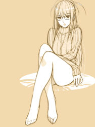 Rule 34 | 1girl, aran sweater, barefoot, bottomless, cable knit, glasses, highres, ino (magloid), kisaragi rei, legs, lips, long hair, looking at viewer, monochrome, open mouth, otome function, sidelocks, sitting, solo, sweater