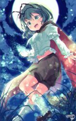 Rule 34 | 1girl, :d, antennae, black cape, black footwear, black shorts, cape, commentary request, full moon, grass, green eyes, green hair, highres, kemo chiharu, light particles, long sleeves, looking at viewer, moon, navel, night, open mouth, outdoors, shirt, short hair, shorts, signature, smile, socks, solo, touhou, white shirt, white socks, wriggle nightbug