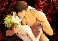 Rule 34 | 2boys, abs, arm around neck, bad id, bad pixiv id, blonde hair, bowl cut, brown hair, collarbone, fangs, fangs out, hand in another&#039;s hair, holding hands, ideguchi satoshi, imminent kiss, looking at another, male focus, multiple boys, naji 0337, nude, one outs, open mouth, pointy ears, ribs, spiked hair, tokuchi toua, toned, toned male, yaoi