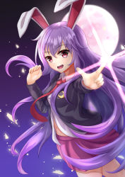 Rule 34 | 1girl, animal ears, arm up, black background, black jacket, blue background, breasts, collar, collared jacket, collared shirt, crescent, gradient background, hair between eyes, hands up, highres, jacket, ju2ti6jgpt, long hair, long sleeves, looking at viewer, medium breasts, moon, necktie, open clothes, open jacket, open mouth, pink eyes, pink moon, pink skirt, pointing, purple background, purple hair, rabbit ears, red necktie, reisen udongein inaba, shirt, skirt, smile, solo, touhou, white shirt