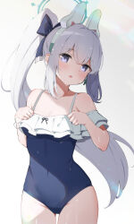Rule 34 | 1girl, bare shoulders, blue archive, blue bow, blue eyes, blue one-piece swimsuit, bow, breasts, casual one-piece swimsuit, cleavage, collarbone, commentary request, covered navel, frilled one-piece swimsuit, frills, grey background, grey hair, groin, hair bow, halo, hands up, headgear, highres, long hair, looking at viewer, medium breasts, miyako (swimsuit) (blue archive), off-shoulder one-piece swimsuit, off shoulder, one-piece swimsuit, pilokey, side ponytail, solo, standing, swimsuit, very long hair, wet