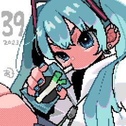 Rule 34 | 1girl, 39, 2023, aqua hair, aqua nails, blue eyes, commentary, drink, drinking straw, drinking straw in mouth, ear piercing, earrings, grey jacket, hair ornament, hatsune miku, holding, jacket, jewelry, juice box, knees up, looking at viewer, maiandkoh, miku day, piercing, pixel art, simple background, sitting, solo, twintails, upper body, vocaloid, white background, zipper pull tab
