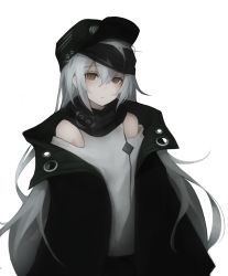 Rule 34 | 1girl, :/, bare shoulders, black jacket, blue hair, blush, brown eyes, closed mouth, eyebrows, g11 (girls&#039; frontline), girls&#039; frontline, gyup91, hair between eyes, hat, head tilt, highres, jacket, long hair, open clothes, open jacket, shirt, simple background, solo, very long hair, white background, white shirt