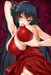 Rule 34 | 1girl, ahoge, arm behind head, armpits, azur lane, bare shoulders, black hair, blush, breast lift, breast sucking, breasts, choker, cle masahiro, cleavage, cocktail dress, collarbone, covered erect nipples, dress, eyes visible through hair, groin, hair between eyes, hair ornament, highres, huge breasts, licking, licking breast, long hair, looking at viewer, lying, no panties, official alternate costume, on back, open mouth, red choker, red dress, red eyes, saliva, self breast sucking, sidelocks, skindentation, smile, solo, taihou (azur lane), taihou (forbidden feast) (azur lane), tsurime, twintails, unaligned breasts, upper body, very long hair