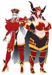 Rule 34 | 2girls, alexstrasza, armor, breasts, cleavage, covered erect nipples, crown, curvy, dragon, dragon girl, exabyte (parallax05), gigantic breasts, hand on own hip, hat, highres, horns, huge breasts, jewelry, long hair, looking at another, looking to the side, multiple girls, navel, necklace, pointy ears, priestess, red eyes, red hair, sally whitemane, shiny skin, smile, standing, thick thighs, thighhighs, thighs, warcraft, white background, white hair, wide hips, world of warcraft, yellow eyes