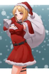 Rule 34 | 1girl, alternate costume, belt, blonde hair, breasts, brown eyes, capelet, christmas, cleavage, commentary request, covered navel, cowboy shot, dress, elbow gloves, fur trim, girls&#039; frontline, gloves, hat, highres, holding, holding sack, medium breasts, mp40 (girls&#039; frontline), red dress, red gloves, sack, santa costume, santa hat, short hair, sidelocks, smile, snow, solo, thigh strap, toryu fufu
