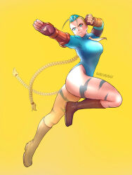 Rule 34 | 1girl, ass, blonde hair, boots, breasts, cammy white, fingerless gloves, gloves, hat, highres, large breasts, leotard, long hair, long sleeves, necktie, quasimodox, street fighter, street fighter zero (series)