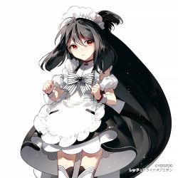Rule 34 | 1girl, ahoge, apron, black dress, black hair, bow, character request, copyright request, dress, dress bow, layered dress, long hair, maid headdress, red eyes, rella, simple background, solo, white background, white bow, wrist cuffs