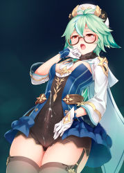 Rule 34 | 1girl, anemo (genshin impact), animal ears, beret, black thighhighs, blue dress, blush, breasts, cape, cat ears, cleavage, cleft of venus, cum, cum in clothes, cum on body, cum on clothes, dress, erection, futanari, garter straps, genshin impact, glasses, gloves, gold trim, green hair, hat, highres, intravaginal futanari, long hair, long sleeves, looking at viewer, multicolored hair, navel, no panties, no testicles, open mouth, orange eyes, orgasm, penis, ponytail, pussy, ricegnat, see-through, semi-rimless eyewear, solo, sucrose (genshin impact), thighhighs, vision (genshin impact)