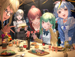 Rule 34 | 5girls, :d, absurdres, black jacket, blonde hair, blue bow, blue bowtie, blue hair, blue jacket, blue neckerchief, bow, bowtie, box, cake, choker, collared shirt, commentary request, cup, drinking glass, food, fork, gift, gift box, glasses, green eyes, green hair, hair ribbon, highres, hololive, hololive fantasy, houshou marine, houshou marine (summer), indoors, jacket, jewelry, knife, long hair, long sleeves, looking at viewer, multicolored hair, multiple girls, nail polish, neckerchief, necklace, official alternate costume, one eye closed, open clothes, open jacket, open mouth, plaid, plaid bow, plaid bowtie, plaid skirt, plate, ponytail, rasa k, red eyes, red hair, ribbon, rubbing eyes, sailor collar, shiranui flare, shiranui flare (street), shirogane noel, shirogane noel (casual), shirt, short hair, skirt, smile, spoon, streaked hair, sweater, table, thick eyebrows, two side up, uruha rushia, uruha rushia (school uniform), usada pekora, usada pekora (casual), virtual youtuber, white choker, white hair, white sailor collar, white shirt, white skirt, white sweater, yellow jacket