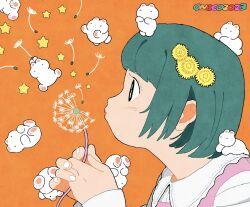 Rule 34 | 1girl, 2023, animal, animal on head, animal on shoulder, artist name, black eyes, blowing, bob cut, cat, collared shirt, commentary request, dandelion, dandelion seed, dated commentary, fingernails, flower, flying, from side, green hair, highres, holding, holding flower, long sleeves, looking ahead, lying, multicolored eyes, multiple cats, on head, on side, onoconokoko0625, original, pink lips, pink vest, profile, retro artstyle, shirt, simple background, solo, star (symbol), upper body, vest, white cat, white nails, white shirt, yellow flower