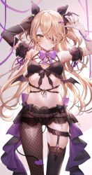 Rule 34 | 1girl, adapted costume, arm warmers, armpits, arms up, bare shoulders, black bra, black panties, black thighhighs, blonde hair, bow, bowtie, bra, breasts, choker, closed mouth, detached sleeves, eyepatch, fischl (genshin impact), fishnet thighhighs, fishnets, front-tie bra, front-tie top, garter straps, genshin impact, gluteal fold, green eyes, hair bow, hair ornament, hair over one eye, hairclip, highres, lingerie, long hair, looking at viewer, medium breasts, mini wings, navel, panties, pillo, single arm warmer, single leg pantyhose, single thighhigh, solo, stomach, string panties, tail, thighhighs, thighs, two side up, underwear, underwear only, wings