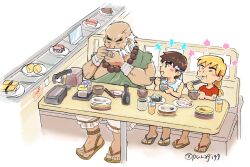 3boys aged_down arm_wrap arms_up bald bead_necklace beads beard blonde_hair blush booth_seating bowl brown_eyes brown_hair child choko_(cup) chopsticks closed_eyes commentary conveyor_belt_sushi cup dougi drinking_straw elbow_on_table facial_hair flower food forked_eyebrows frilled_pants frills full_beard gouken green_robe holding holding_bowl holding_chopsticks holding_cup jewelry ken_masters long_hair looking_at_another low_ponytail makizushi male_focus multiple_boys necklace noodles pants plate plate_stack ponytail punagi99 restaurant robe ryu_(street_fighter) sandals simple_background sitting soy_sauce_bottle street_fighter sushi talking twitter_username white_background white_pants