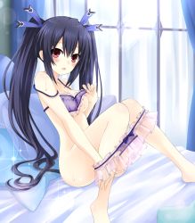 Rule 34 | 1girl, bad id, bad pixiv id, bare shoulders, black hair, blush, bra, breasts, hair ribbon, highres, lingerie, long hair, looking at viewer, medium breasts, neptune (series), nipples, noire (neptunia), open mouth, panties, panty pull, red eyes, ribbon, sedo rei08, sitting, solo, twintails, underwear, undressing, zero (ray 0805)
