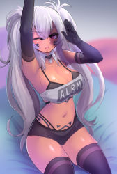 Rule 34 | 1girl, alabama (azur lane), arm up, armpits, azur lane, bandeau, bare shoulders, bikini, bikini under clothes, black bikini, black gloves, black shorts, black thighhighs, blurry, blurry background, breasts, cleavage, clothes writing, commentary, dark-skinned female, dark skin, detached collar, elbow gloves, facial mark, gloves, hand up, highleg, highleg bikini, highres, kazukoto, large breasts, long hair, looking at viewer, micro shorts, midriff, navel, one eye closed, red eyes, shorts, sitting, solo, stomach, strapless, swimsuit, thighhighs, thighs, tube top, twintails, very long hair, whisker markings, white hair
