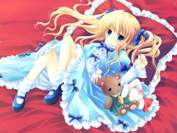 Rule 34 | 1girl, blonde hair, blue eyes, bow, dress, frilled pillow, frills, frown, hair bow, hair ribbon, highres, mary janes, pillow, ribbon, sakurazawa izumi, shoes, solo, stuffed animal, stuffed toy, teddy bear, twintails, wallpaper