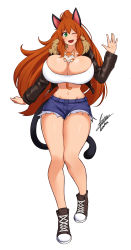 Rule 34 | 1girl, ;d, absurdres, airisubaka, animal between breasts, animal ears, artist name, between breasts, black jacket, boots, breasts, brown hair, cat ears, cat tail, commentary, cropped jacket, cross-laced footwear, cutoffs, english commentary, fang, full body, fur collar, green eyes, hair between eyes, hand up, highres, huge breasts, jacket, long hair, long sleeves, looking at viewer, midriff, navel, one eye closed, open mouth, original, ponytail, short shorts, shorts, signature, simple background, smile, solo, tail, very long hair, waving, white background