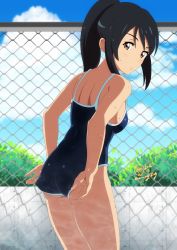 Rule 34 | 10s, 1girl, adjusting clothes, adjusting swimsuit, alternate costume, ass, black hair, body switch, brown eyes, chain-link fence, competition school swimsuit, fence, from behind, hair ribbon, highres, k.ty (amejin), kimi no na wa., looking back, miyamizu mitsuha, one-piece swimsuit, personality switch, ponytail, ribbon, school swimsuit, short hair, solo, swimsuit