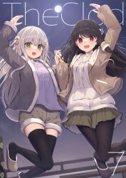 Rule 34 | 2girls, :d, absurdres, arm up, black hair, black jacket, black pantyhose, black thighhighs, breasts, brown footwear, brown jacket, brown shorts, butterfly hair ornament, comiket 101, commentary request, cover, cover page, drawstring, full moon, fur-trimmed shorts, fur trim, green eyes, green skirt, grey hair, hair between eyes, hair ornament, highres, hood, hood down, hooded jacket, hoodie, jacket, long hair, looking at viewer, moon, multiple girls, night, night sky, one side up, open clothes, open jacket, open mouth, original, outdoors, pantyhose, pleated skirt, purple shirt, red eyes, shirt, shoes, short shorts, shorts, skirt, sky, small breasts, smile, thighhighs, tsuchikure, very long hair, white hoodie